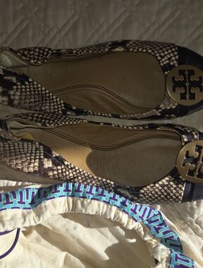 Tory Burch Brown Snake-Print Logo Ballet Flats